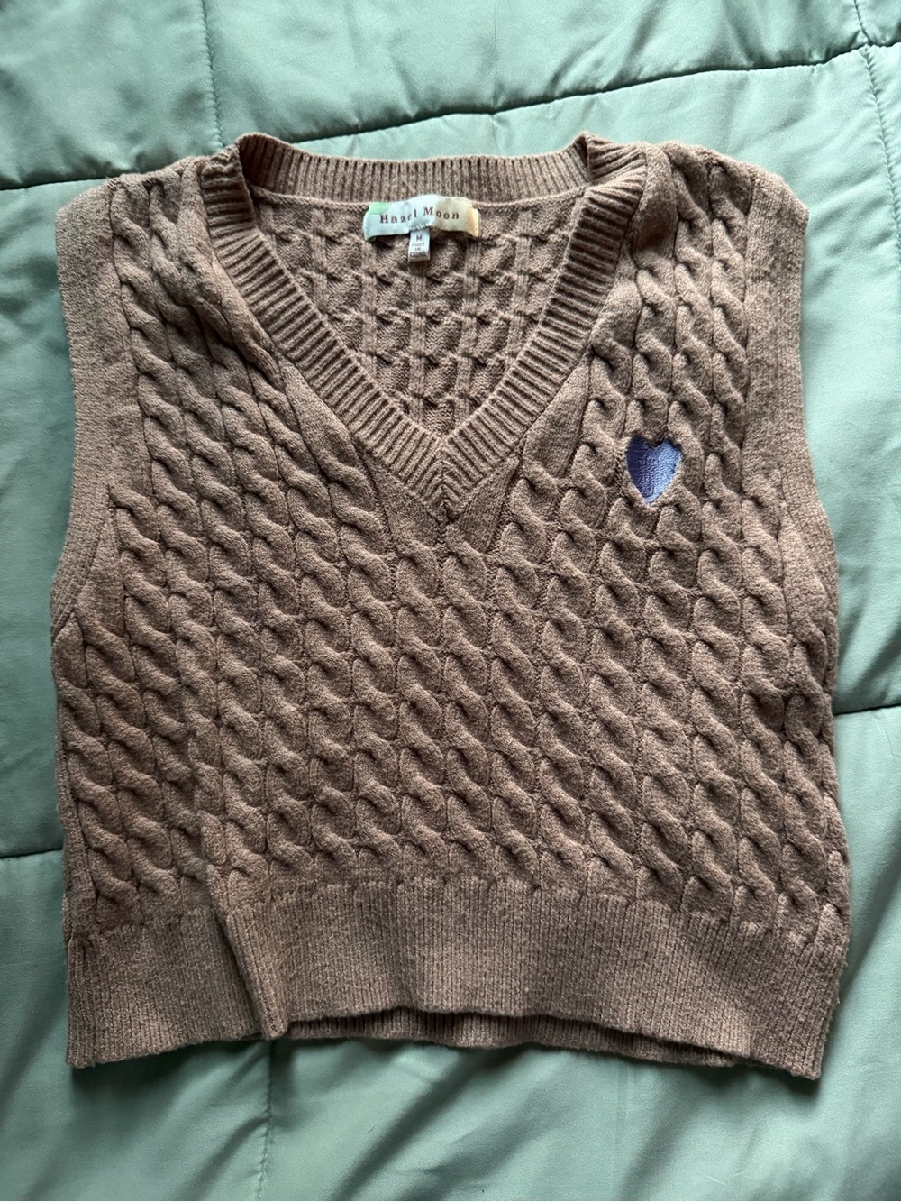 Knit V-Neck Sweater Vest with Heart Patch - Brown